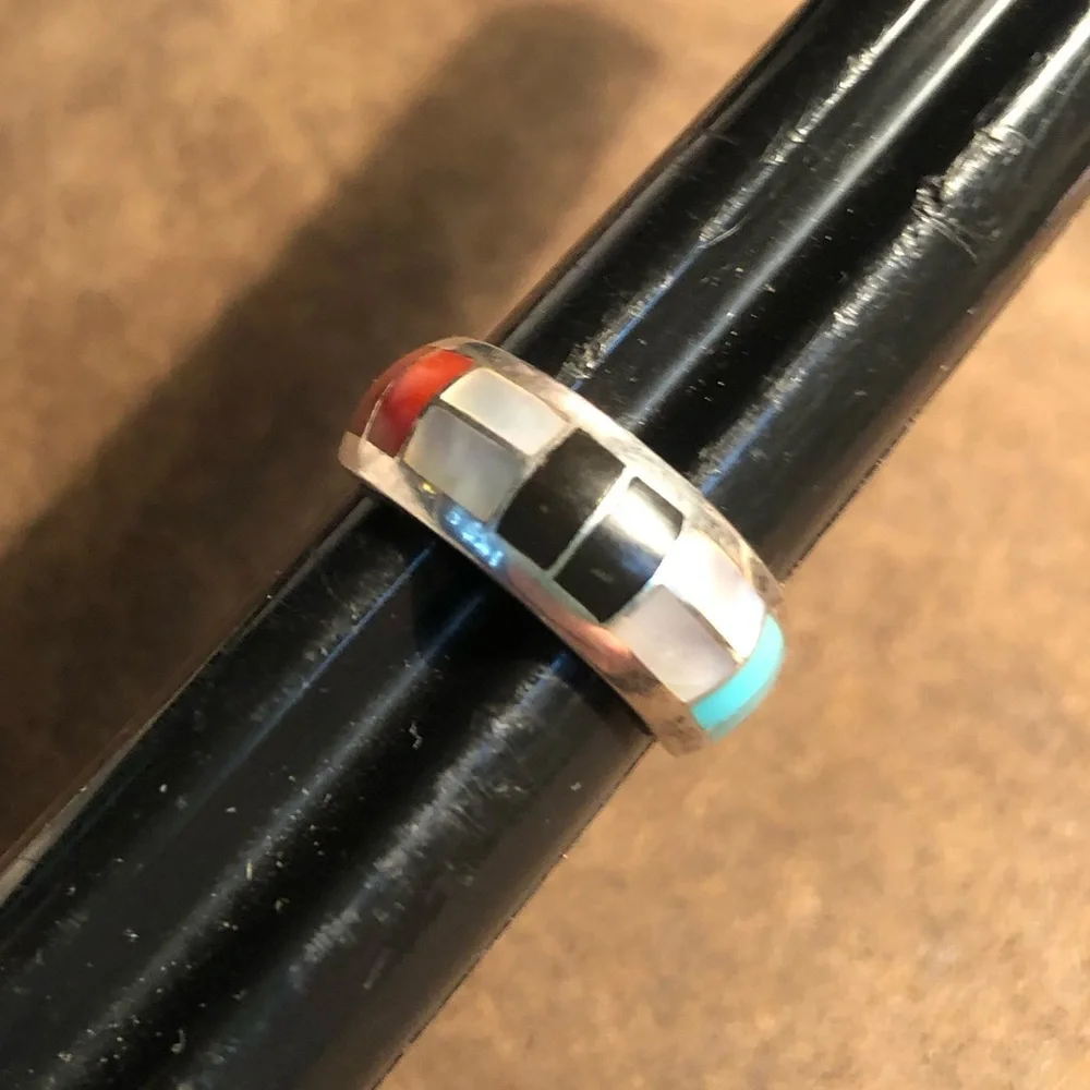 Vintage Onyx MOP Turquoise Inlaid Sterling Silver Ring